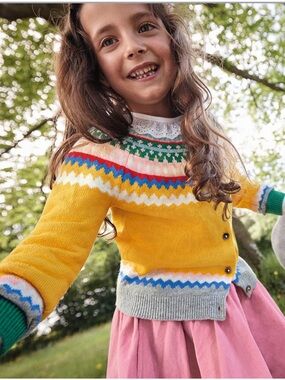Mini Boden | Honeycomb Yellow Fair Isle Cardigan with Multicolor Yoke | 7-8